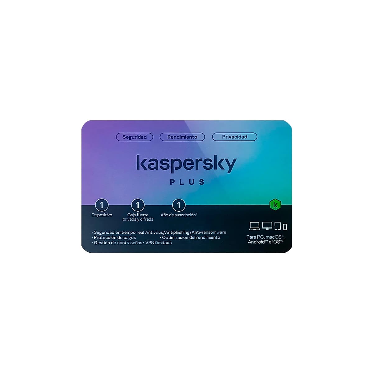 ANTIVIRUS KASPERSKY PLUS - SEGURIDAD - RENDIMIENTO - PRIVACIDAD - 1 dispositivo