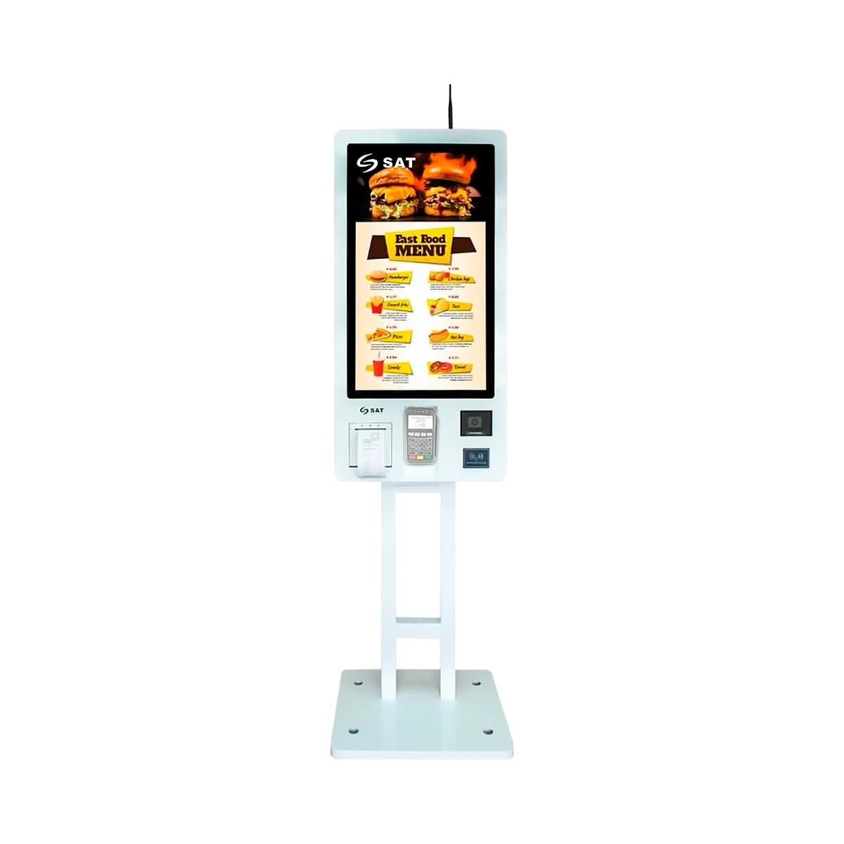 KIOSKO SAT TRANSACCIONAL Intel I5 8GB 128GB 32Inch Wifi RJ45 Imp. Termica Lector Barras WC NFC