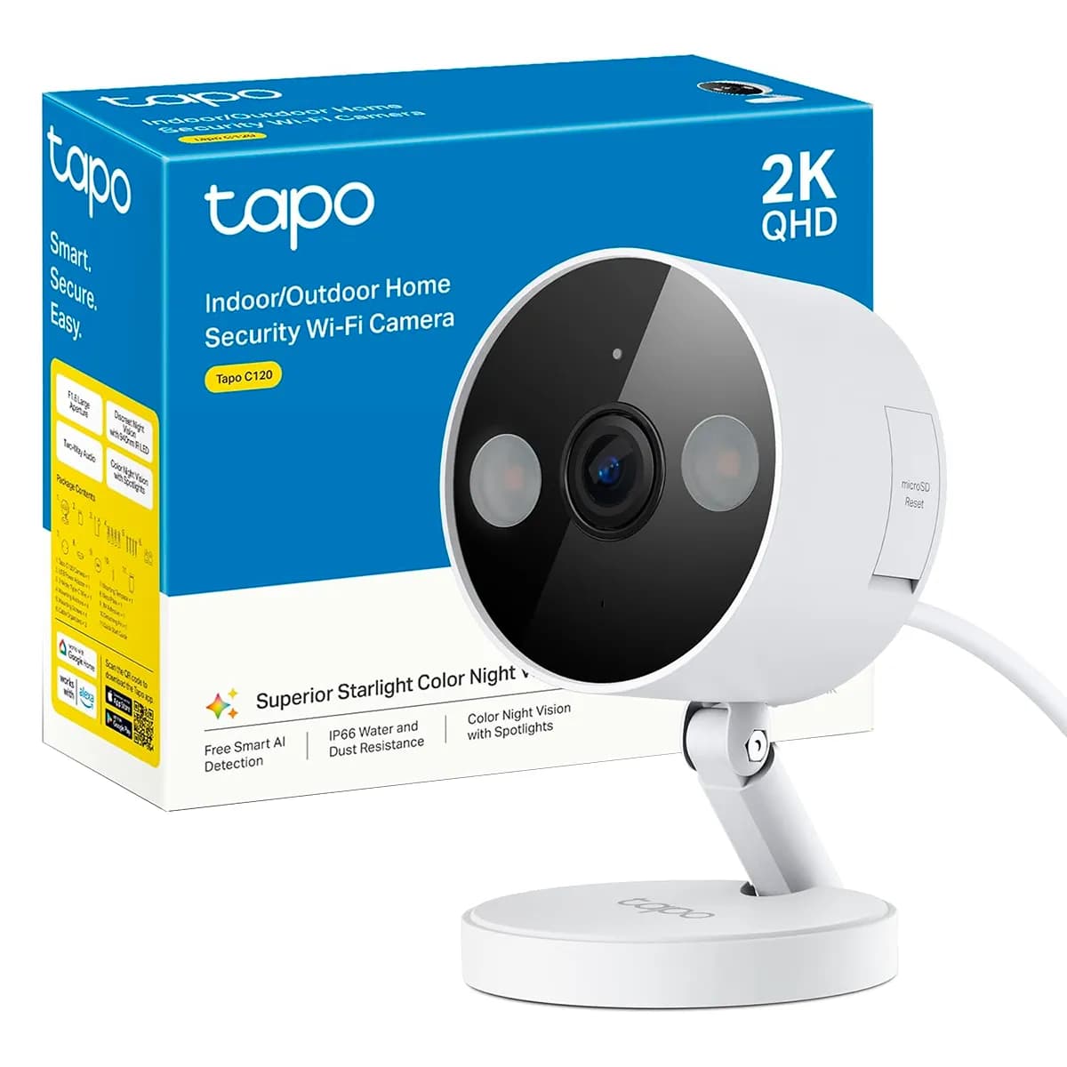 CAMARA TP-LINK TAPO C120 FIJA INT-EXT 4MP 2K QHD VIS. NOCT. COLOR WI-FI BIDIRECIONAL 512GB IP66